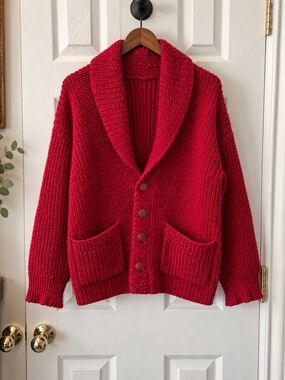 Handmade Chunky Knit Cardigan Red Shawl Collar Heavy Wool Blend 24" PTP